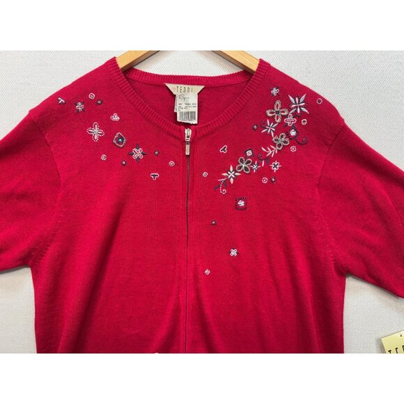 Vintage Teddi Knitted Cardigan Sweater Size M Red Embroidery Floral Full Zip NWT - Picture 5 of 13